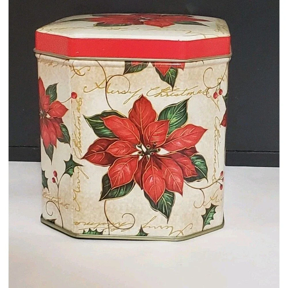 Octagon Christmas Tin Poinsettia Gift Small Metal Storage Box Clean Gold Inside